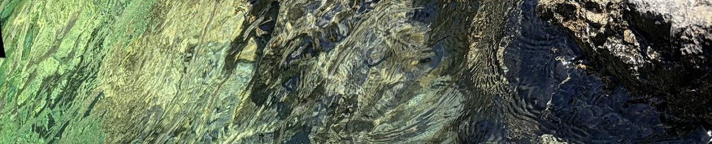 Clear green river water moving over sunlit rock.