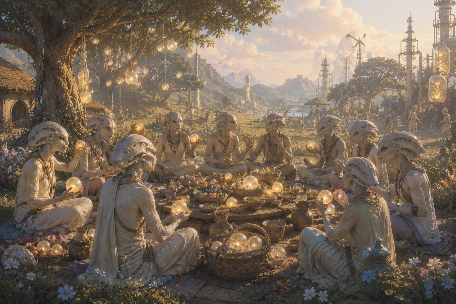Infovores share an evening meal of glowing fruits beneath a great tree, a valley of villages and distillation towers beyond.