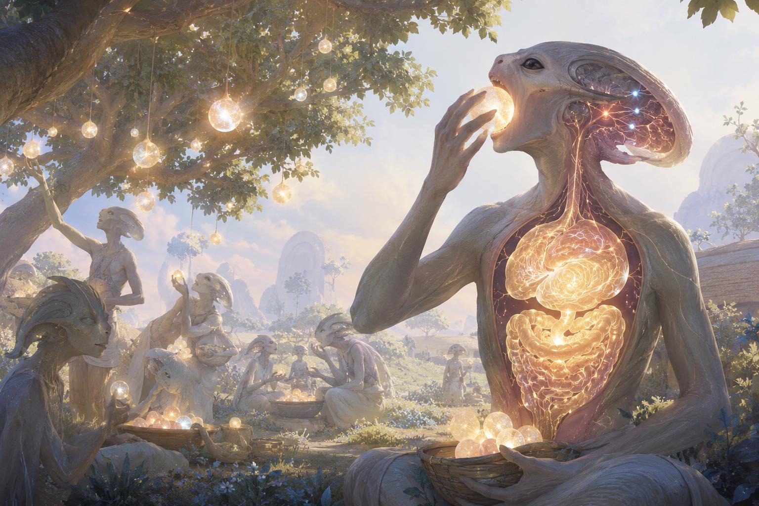 An infovore tastes a glowing fruit of knowledge, its digestive system lighting up, while others gather fruits from the tree behind.