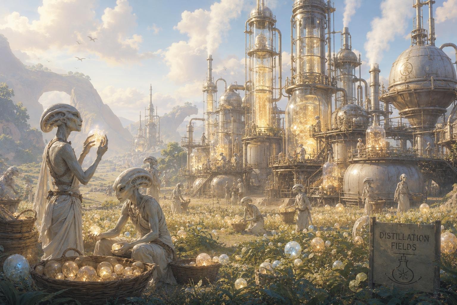 Infovores gather glowing fruits in the Distillation Fields, beneath towering distillation columns and storage spheres.